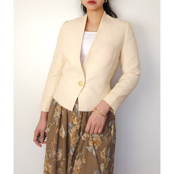 Vintage Givenchy collarless deep V neck blazer neutral cream, tailored jacket - Picture 1 of 16